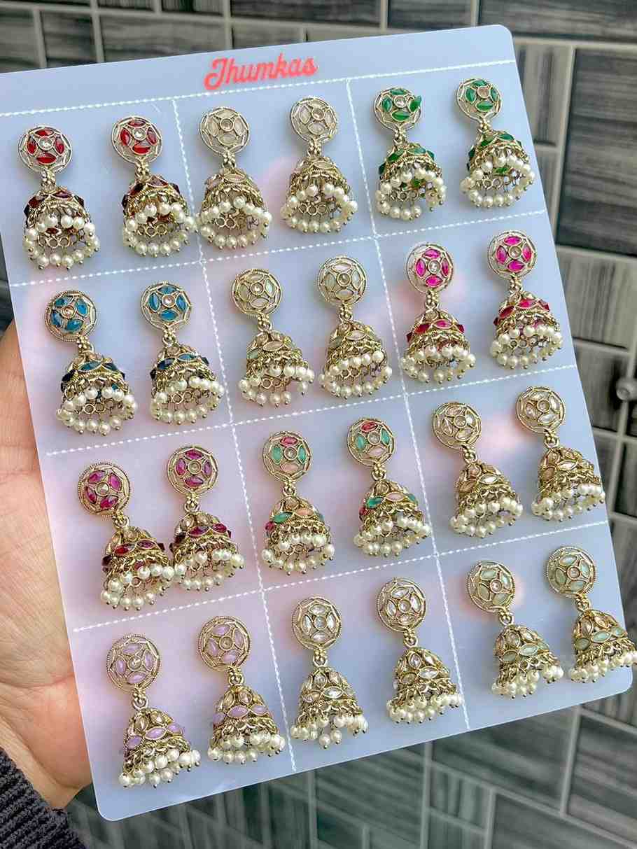 Beautiful Premium Quality  Reverse Ad Stone Work Polky Jhumkies Card Of 12 Pairs